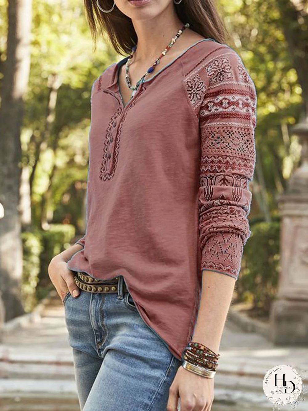 Women Long Sleeve Cotton V Neck Tops