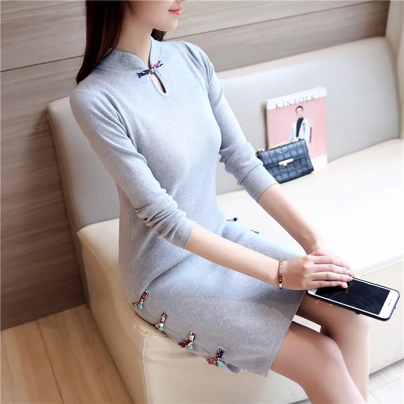 Modern Chinese Style Improvement Cheongsam Dresses Long Bridesmaid Dresses Elegant Young Girls Long Sleeves Daily