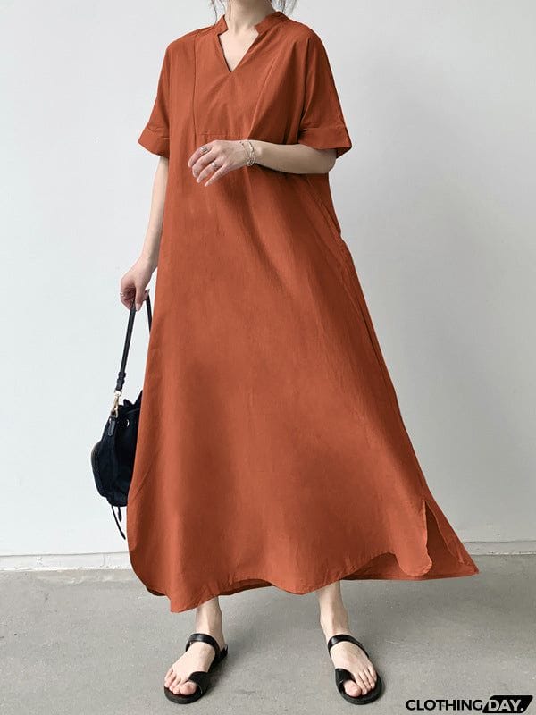 Loose Short Sleeves Solid Color V-Neck Maxi Dresses