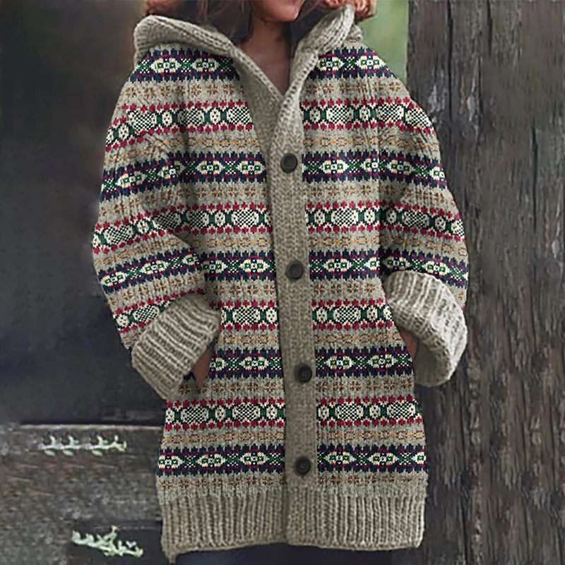 Icelandic Ethnic Print Long Sleeved Knitted Hooded Cardigan