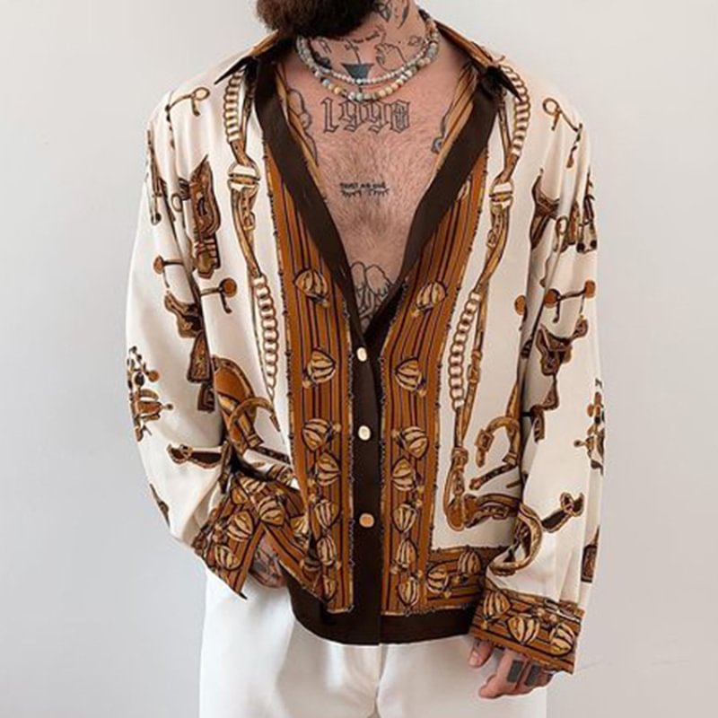 Men's Retro Printed V Necck Long Sleeve Shirt 