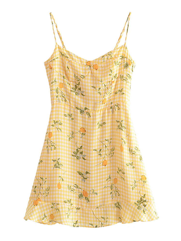 Aiertu  Summer Women French Style Prairie Chic Plaid Flower Print Sexy Sling Dress Vintage Ladies A-line Short Chiffon Sundress Aiertu