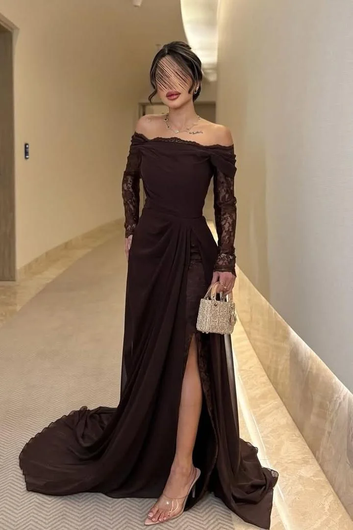 Miabel Glamorous Brown Chiffon Lace Off the Shoulder long Sleeves Prom Dress with Split 