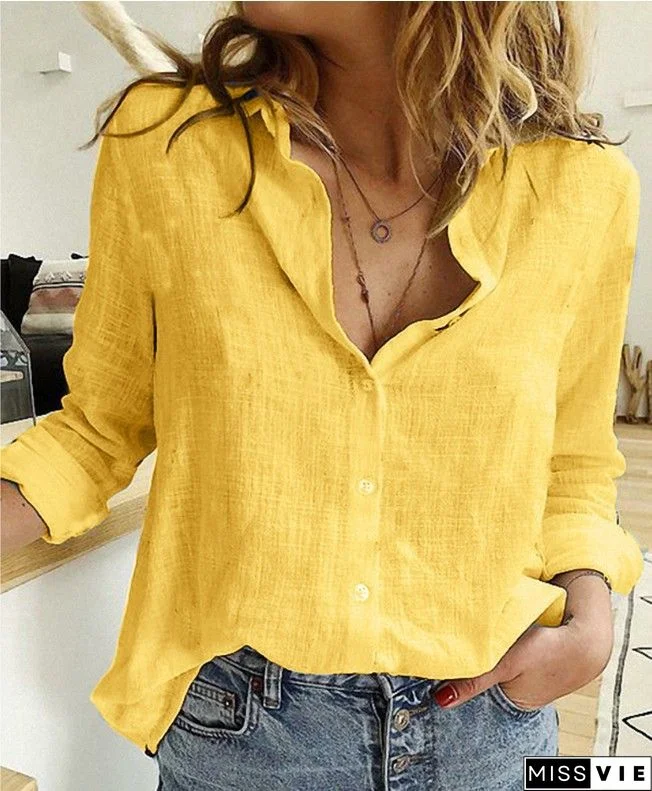 Cotton-Blend Casual Long Sleeve Blouse