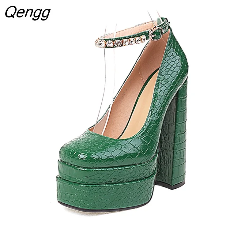 Qengg Ankle Strap Super Thick High Heels Platforms Pumps For Women Casual Spring Summer Shallow Party Chunky Shoes Ladies