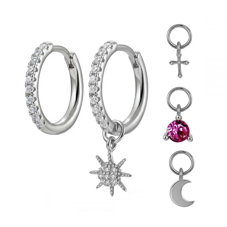 S925 Silver Needle Moon Star Cross Earrings