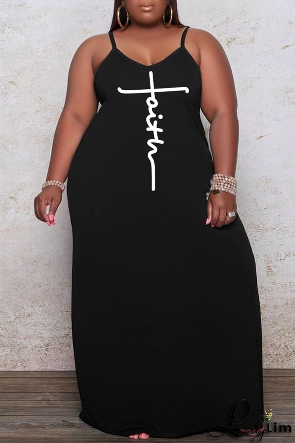 Black Sexy Casual Print Basic Spaghetti Strap Long Dress Plus Size Dresses