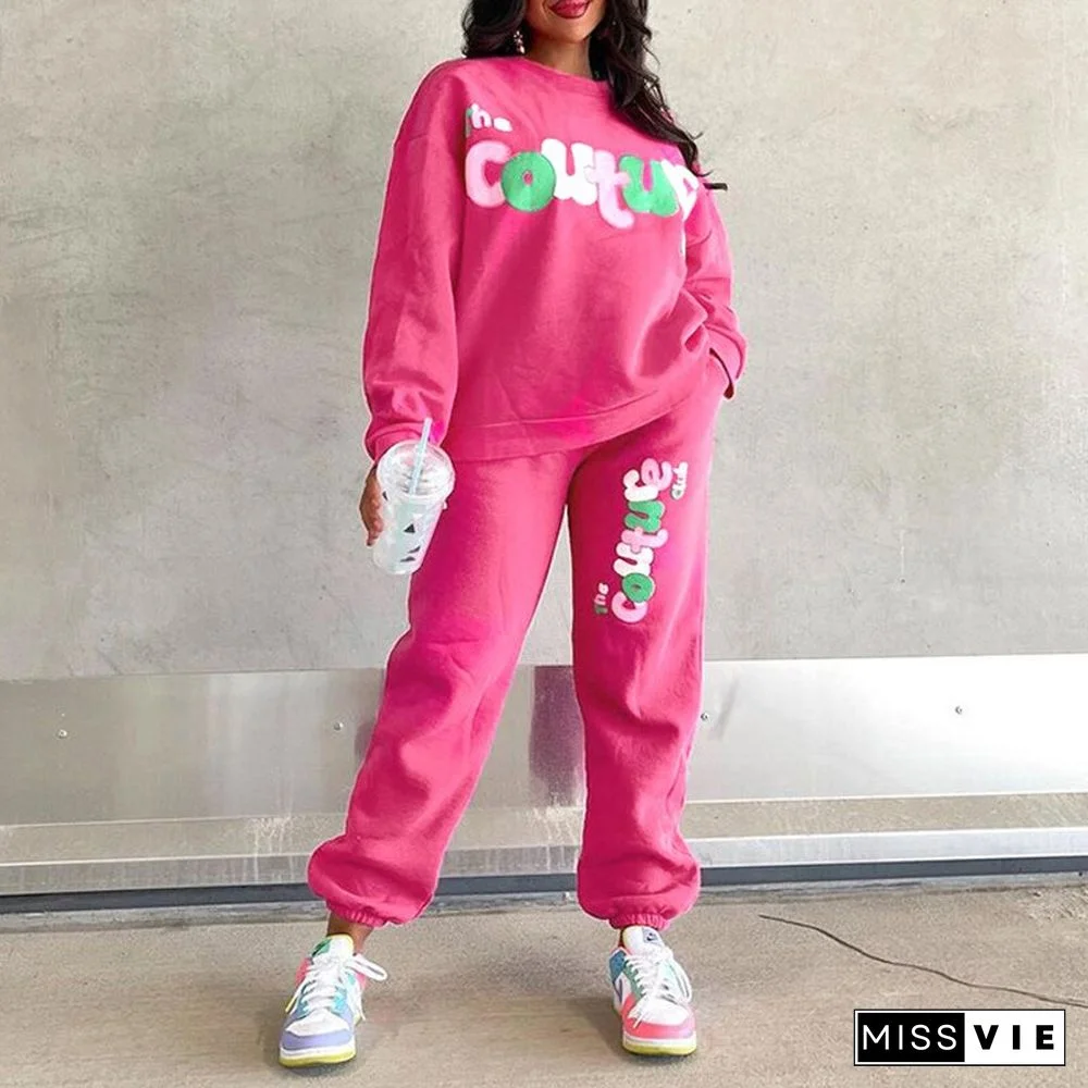 Fashion Casual Street Cute Letter Printed Women Tracksuits Autumn O-Neck Sweatshirt + Elastic Waist Drawstring Sweatpants Suits