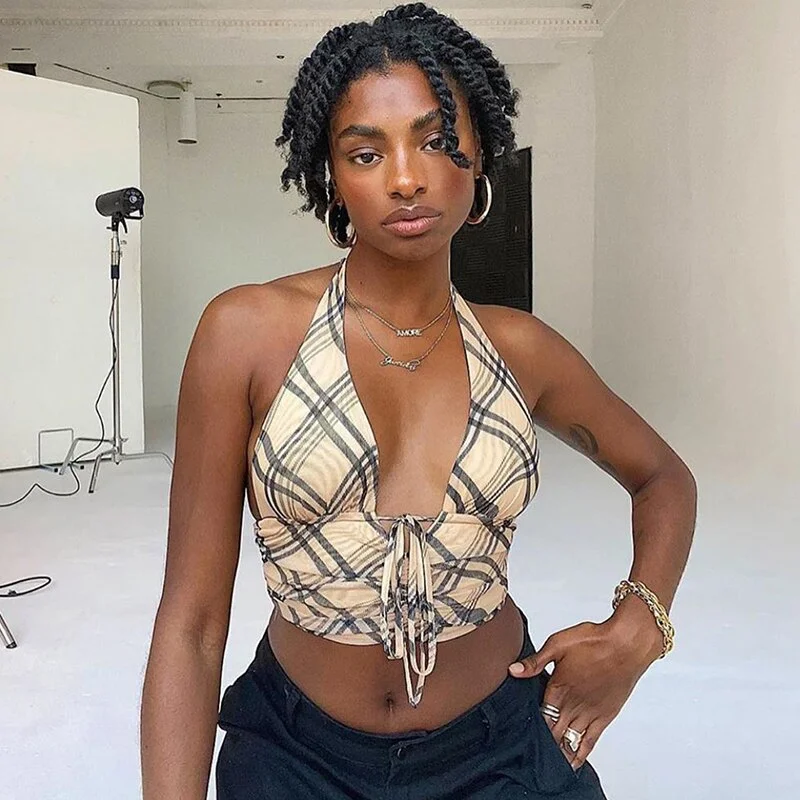 HEYounGIRL Checkered Halter Backless Sexy Crop Top Summer Sleeveless Tank Tops Tees Front Tie Camisole Streetwear Fashion