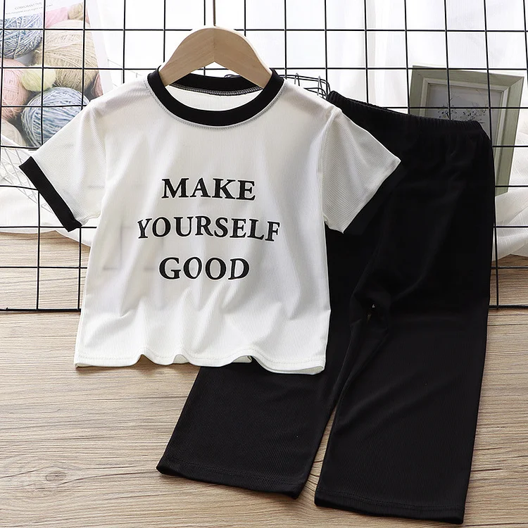 2pcs Baby Tollder Boy/Girl Letter Print Short T-shirt & Solid Pants Set