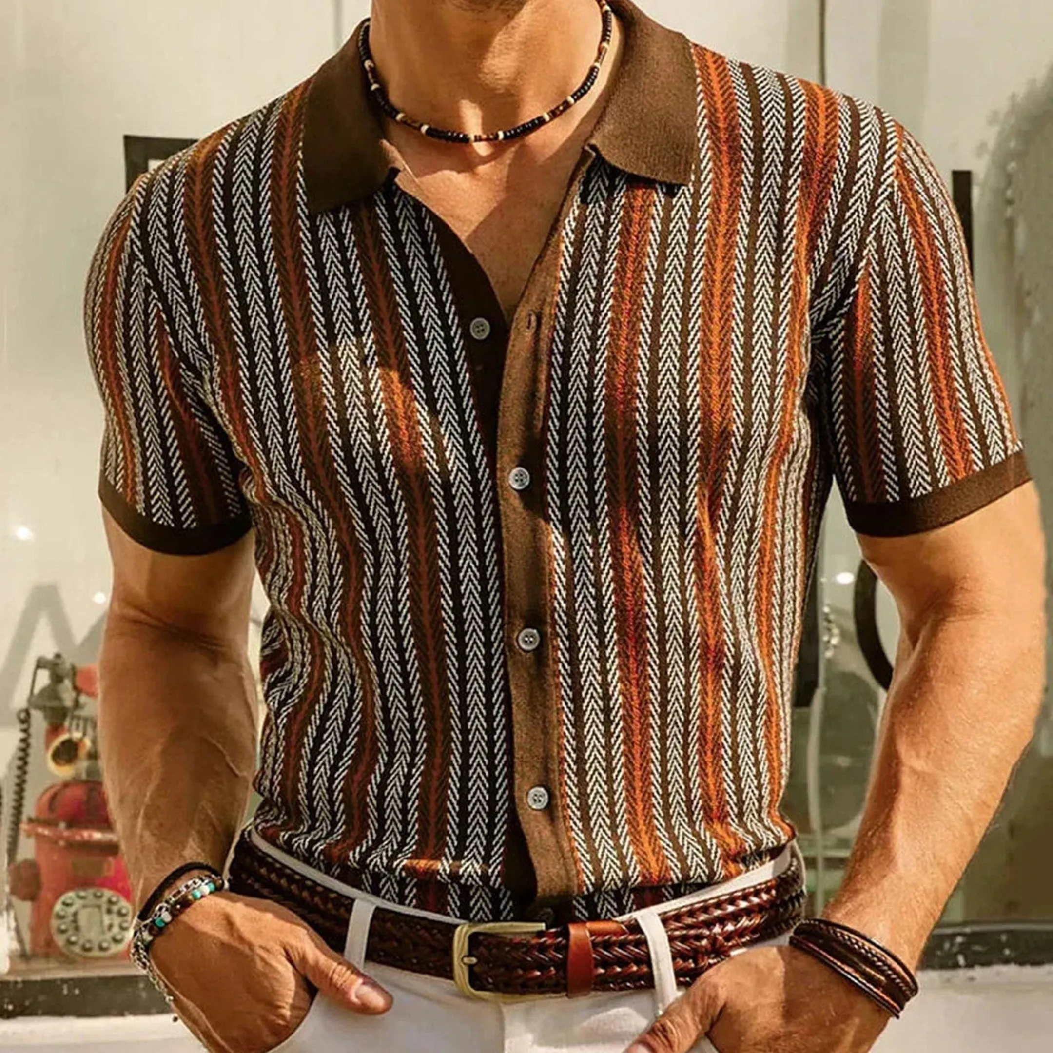 Men's Cotton Knit Shirt &ndash; Herringbone Button-Up for Smart Casual