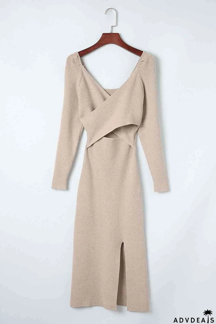 Crisscross Long Sleeve Slit Sweater Dress