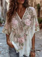 Women's Boho Floral Embroidered Art V-neck Short Sleeve T-shirt