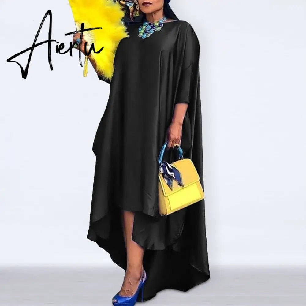 Aiertu   Women Casual 2/3 Sleeve Irregular Maxi Dress  Robe Spring O Neck Asymmetrical Pleated Vestidos Elegant Long Sundress Aiertu