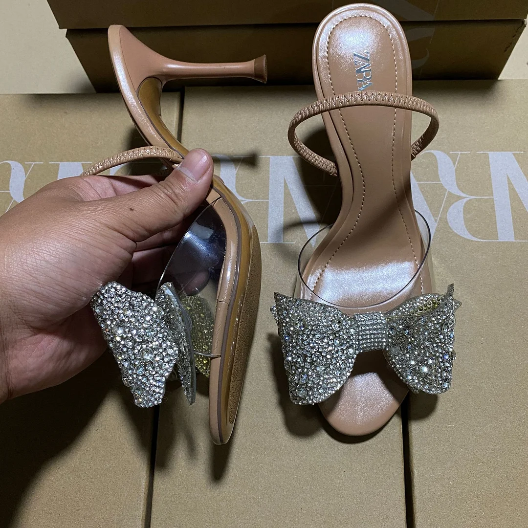 Breakj Breakj Summer New Women's Shoes Beige Water Drill Bows Fine High Heel Sandals Tip-Out Fashion Sandals