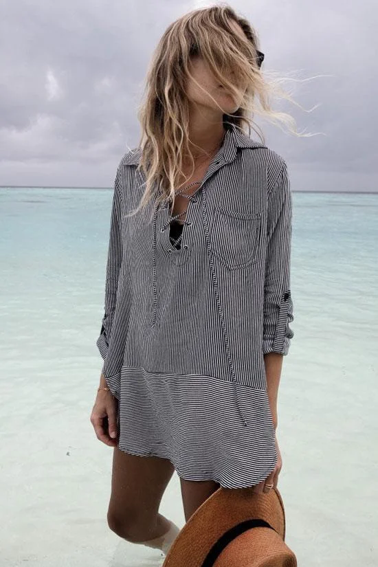 Leisure Lace Up Striped Printed High Low Hemline Cover Up