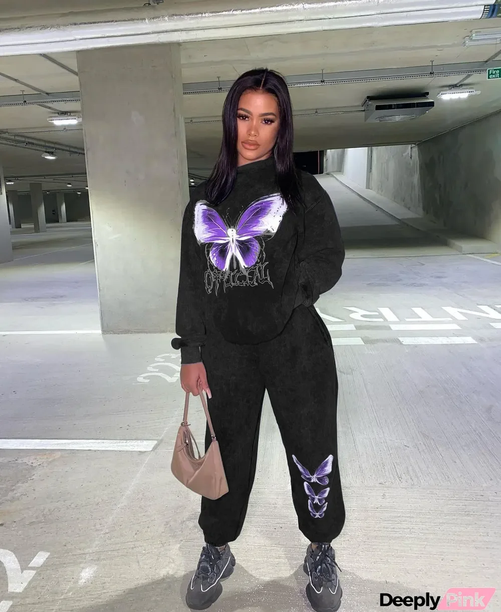 Casual Sports Butterfly Print Long Sleeve Pants Two Piece Set