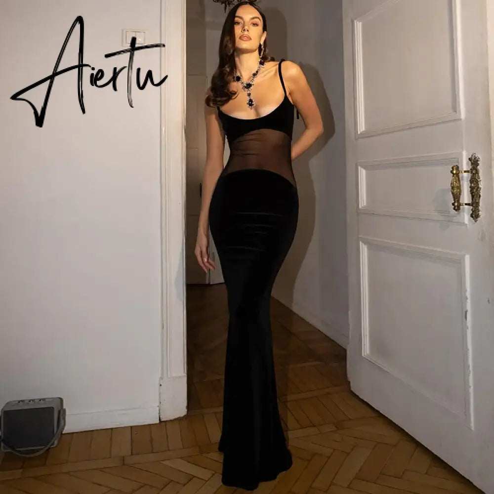 Elegant Fashion Mesh Sheer Slip Maxi Dress Outfits for Women Sleeveless Backless Party Club Sexy Dresses Birthday Aiertu