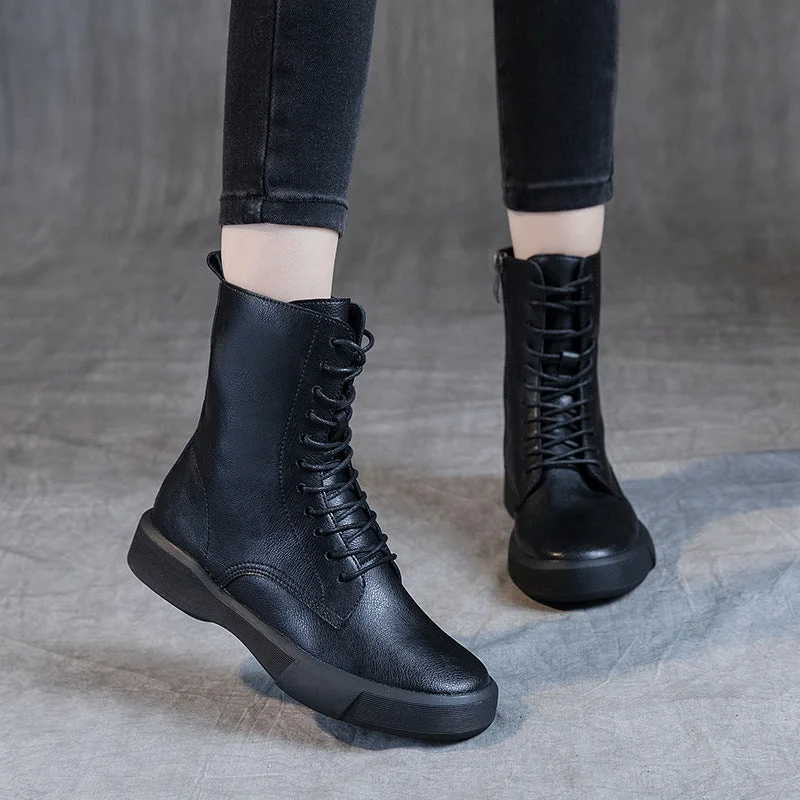 LookYno -  Fleece Flat Vintage Lace Up Side Zip Martin Boots