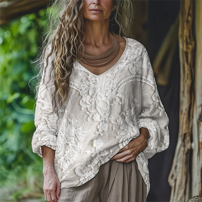 Boho Floral Embroidered Lace Flowy Linen Tunic