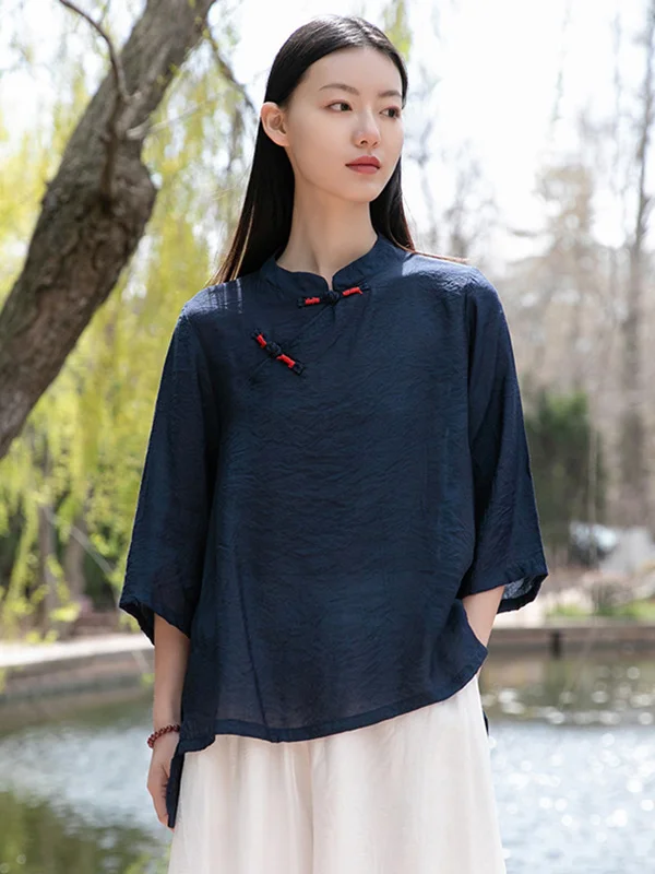 Vintage Tencel Buttoned Stand Collar High-Low Half Sleeves T-Shirt