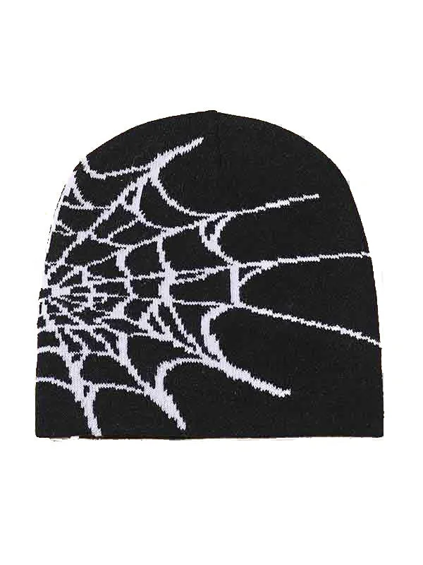 Brownm black beanie hat with spider web design