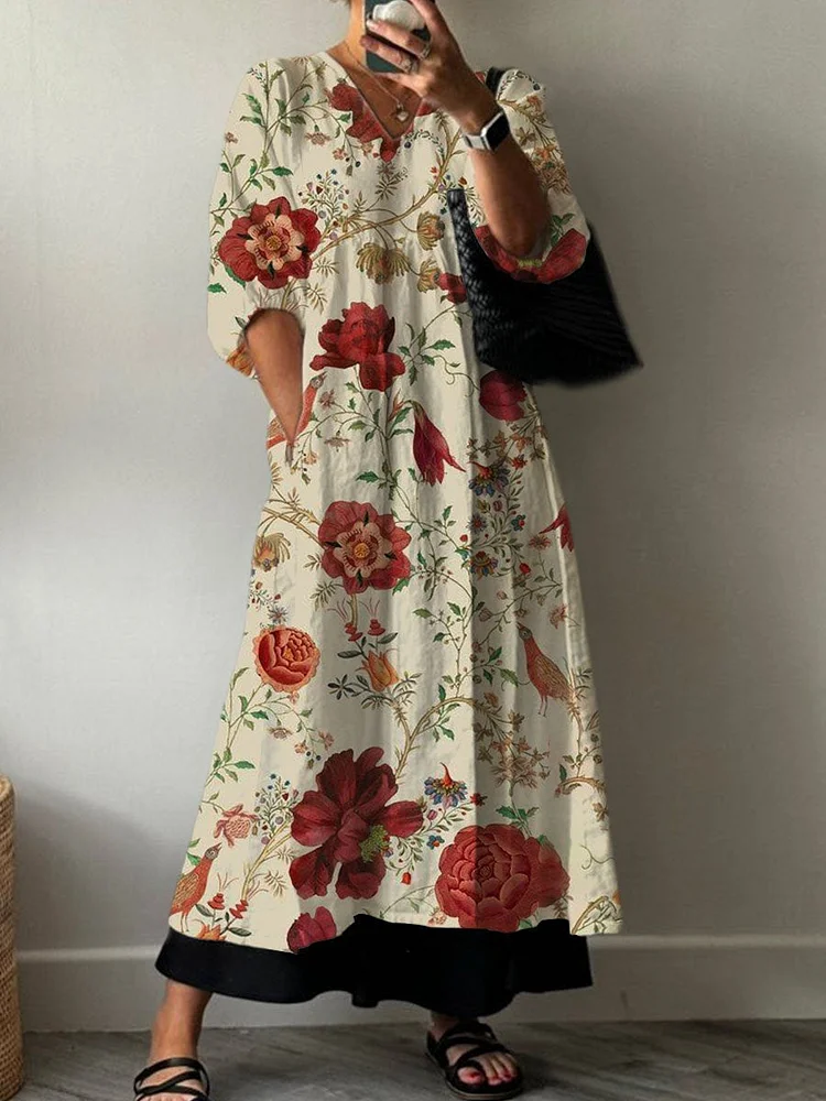 Women's  Boho Vintage Floral Print Pocket V-neck Cotton Dress