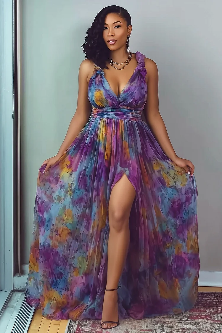 V Neck Sleeveless Print Slit Wedding Guest Maxi Dresses-Purple [Pre Order]