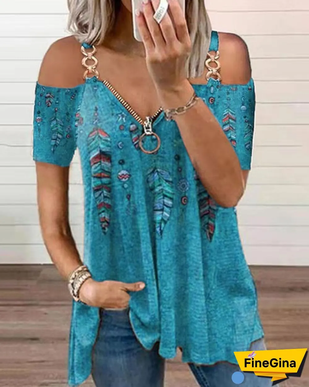 Summer New Fashion Women's Feather Printed Metal Strap Zipper V-neck Casual Strapless Short Sleeve Top Loose Plus Size Soft and Comfortable Summer T Shirt Shirt XS-5XL