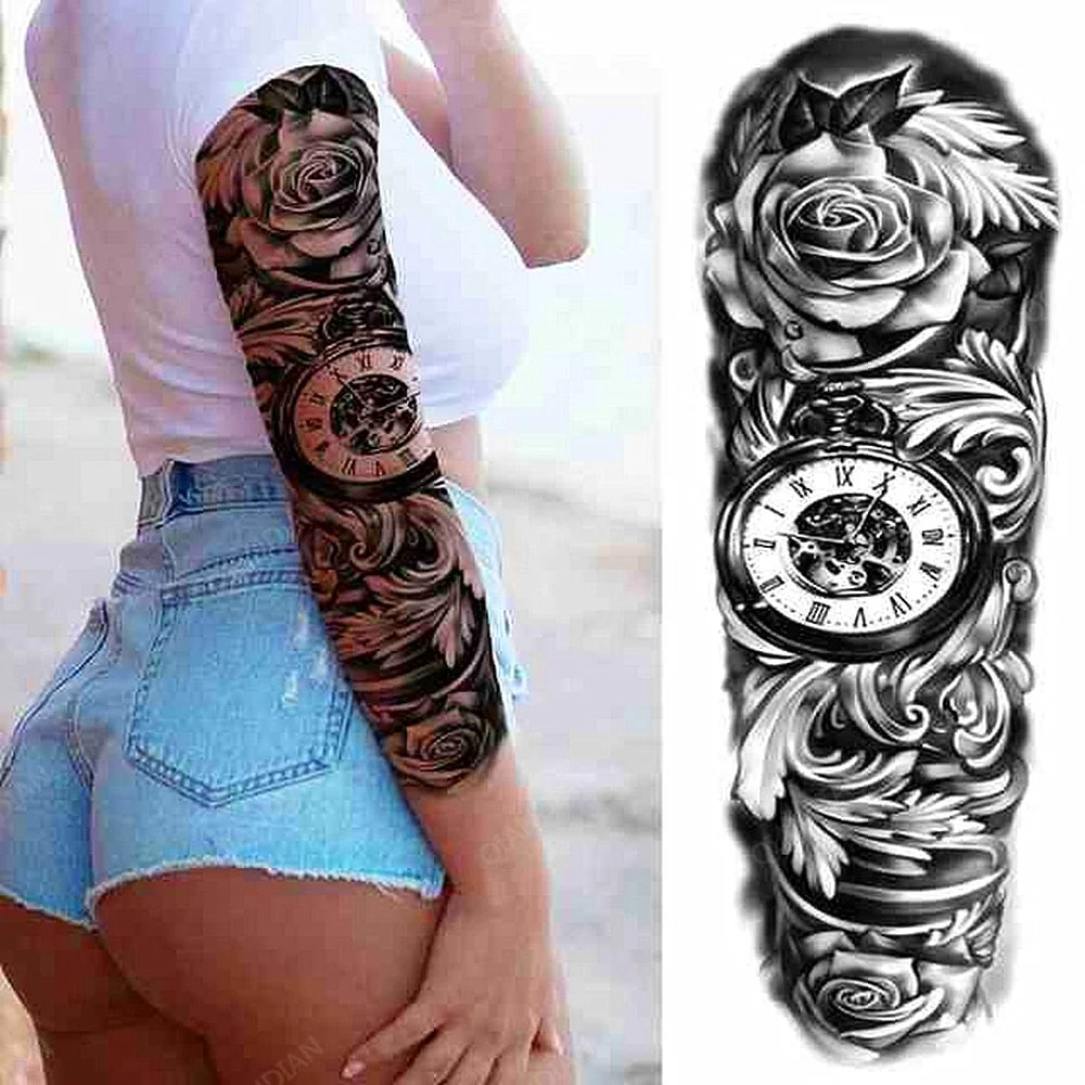 Large Arm Sleeve Tattoo Rose Lion Wolf Waterproof Temporary Tatto Sticker Flower Clock Waist Leg Body Art Full Fake Tatoo Women