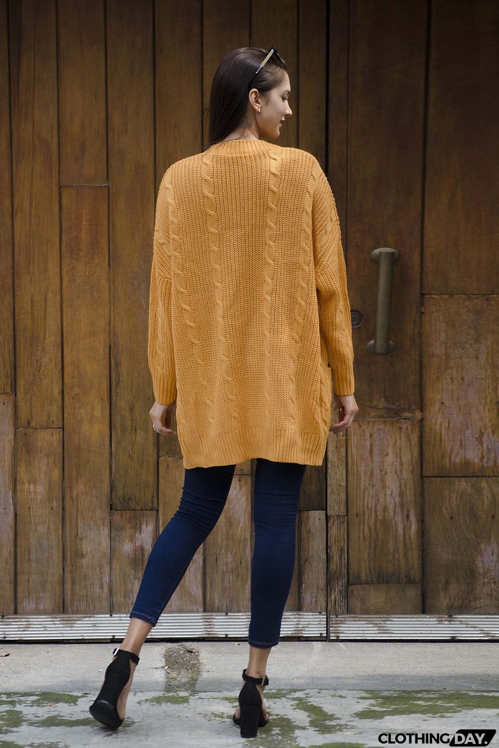 Mustard Knit Texture Long Sleeve Cardigan with pockets