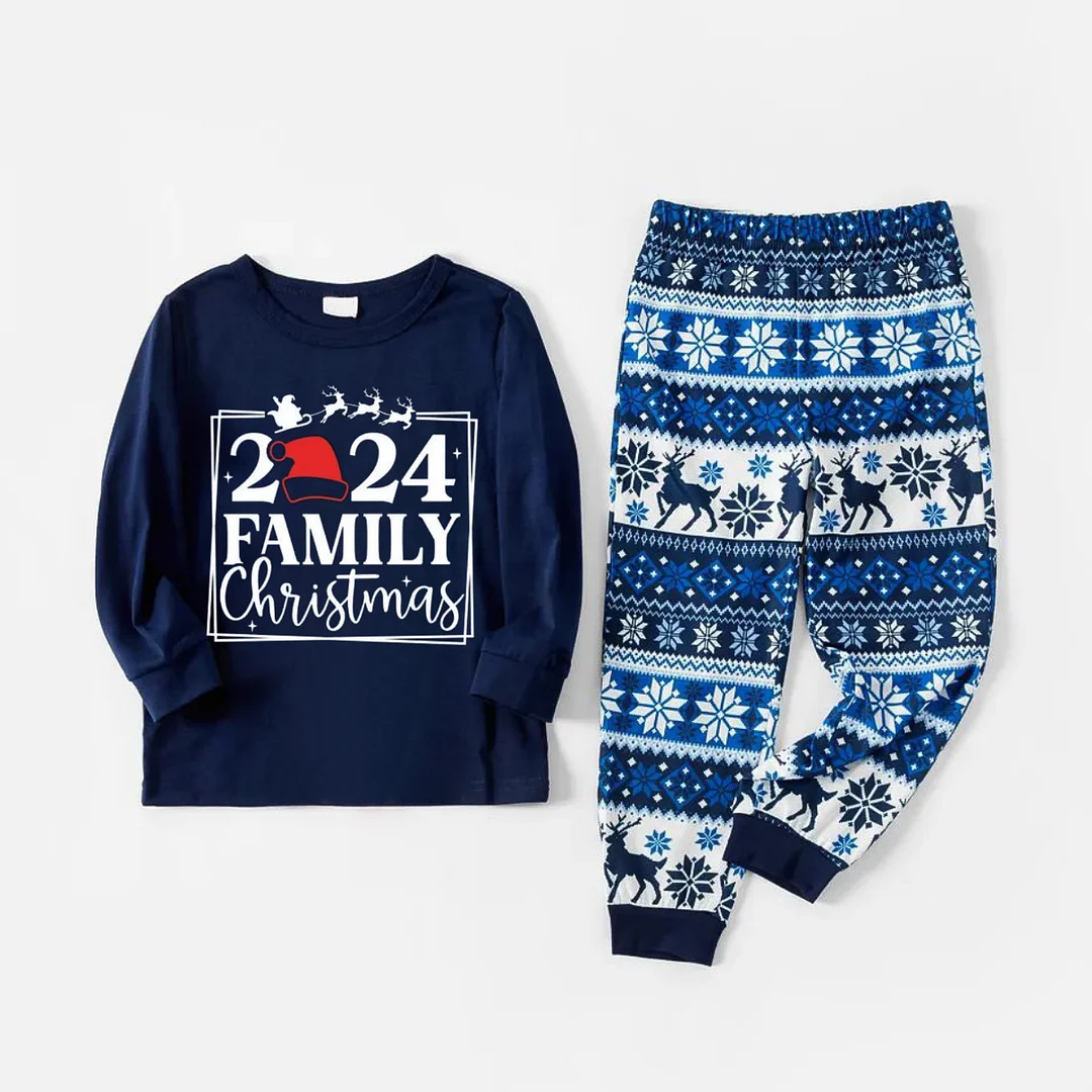 "Family 2024 Christmas" Text and Santa Hat Print Blue Family Matching Pajamas