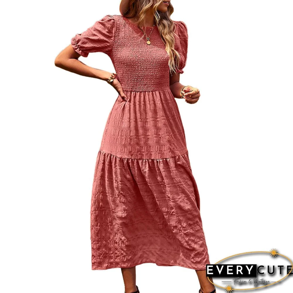 Rust Red Puff Sleeve Pleated Textured Woven Midi Dress