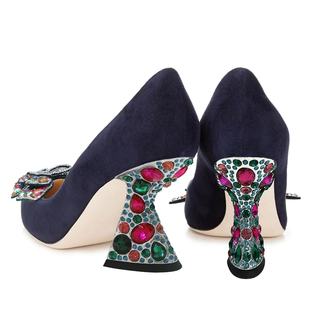 Navy Vegan Suede Pointed Colorful Rhinestone Butterfly Pumps for Women