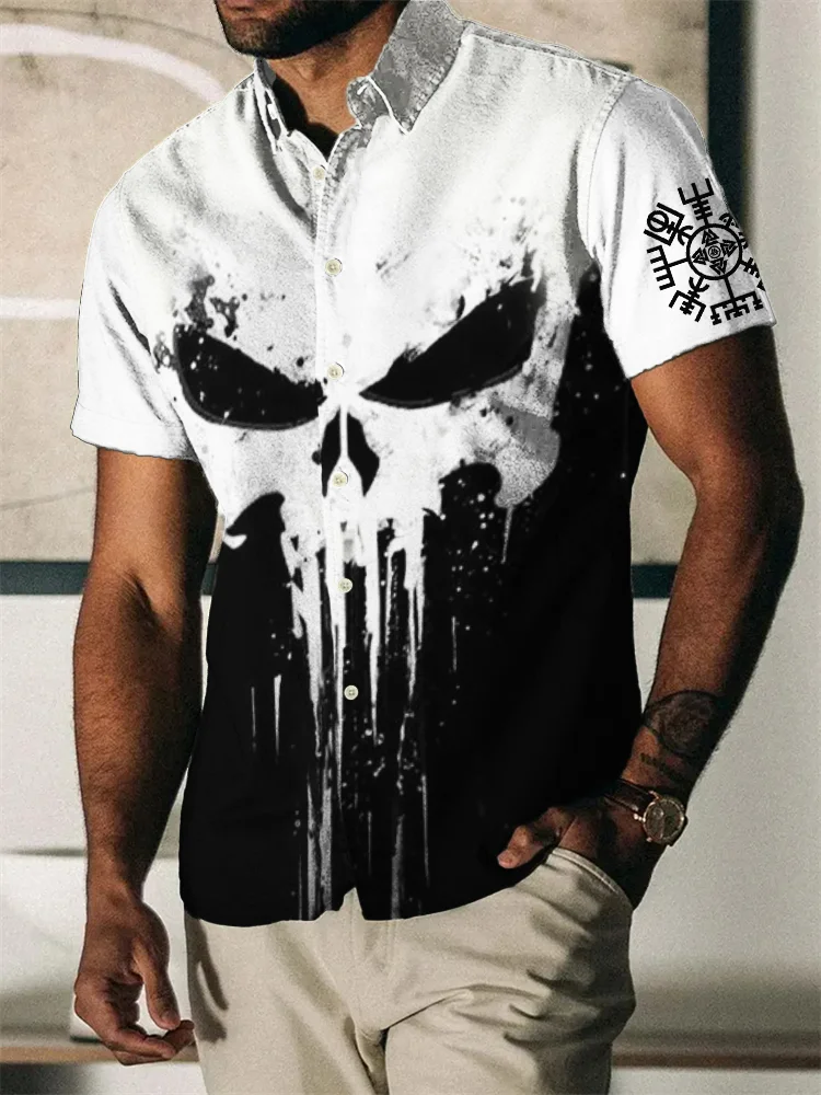 BrosWear Men's Viking Vegvisir Skull Contrast Color Short Sleeve Shirt