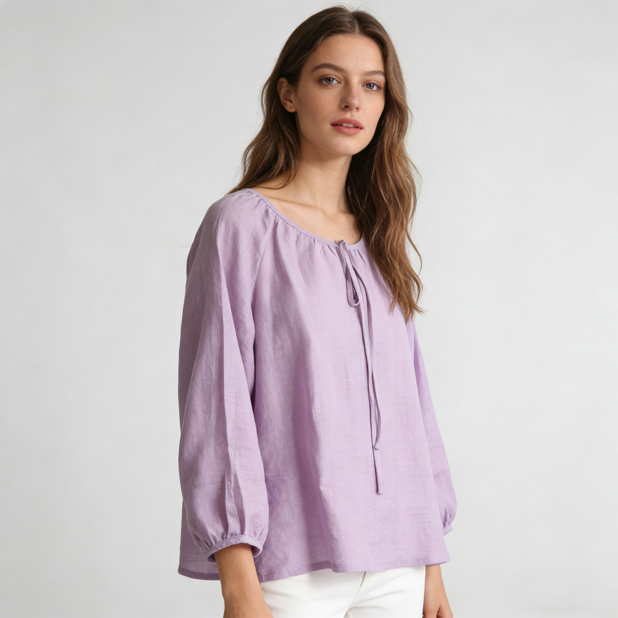 Linen Blouse Women 100% Linen Balloon Sleeve Tie Neck Casual Top REAL SILK LIFE