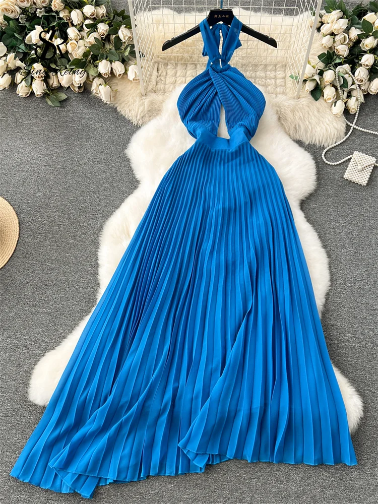 Huibahe Vacation Halter Pleated Dress Hollow Out Backless Solid Women Sexy Chic Sundress Irregular Long Beach Party Vestidos