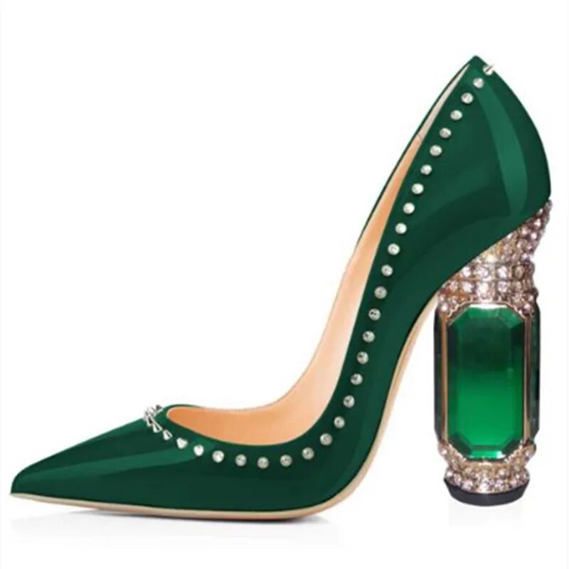 TAAFO Women's Shoes Pointed Toe Pumps High Heels Rivet Trim Crystal Heel Show Banquet