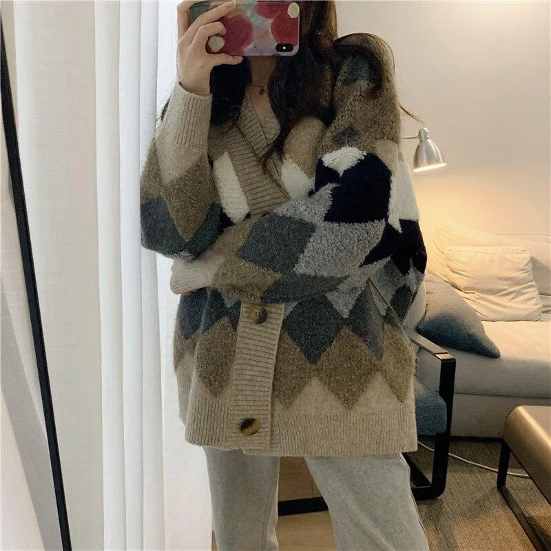 Winter New Diamond Block Plaid Cardigan Sweater Women Knitted Gray Retro Single-Breasted Oversized Women'S Sweater Jacket