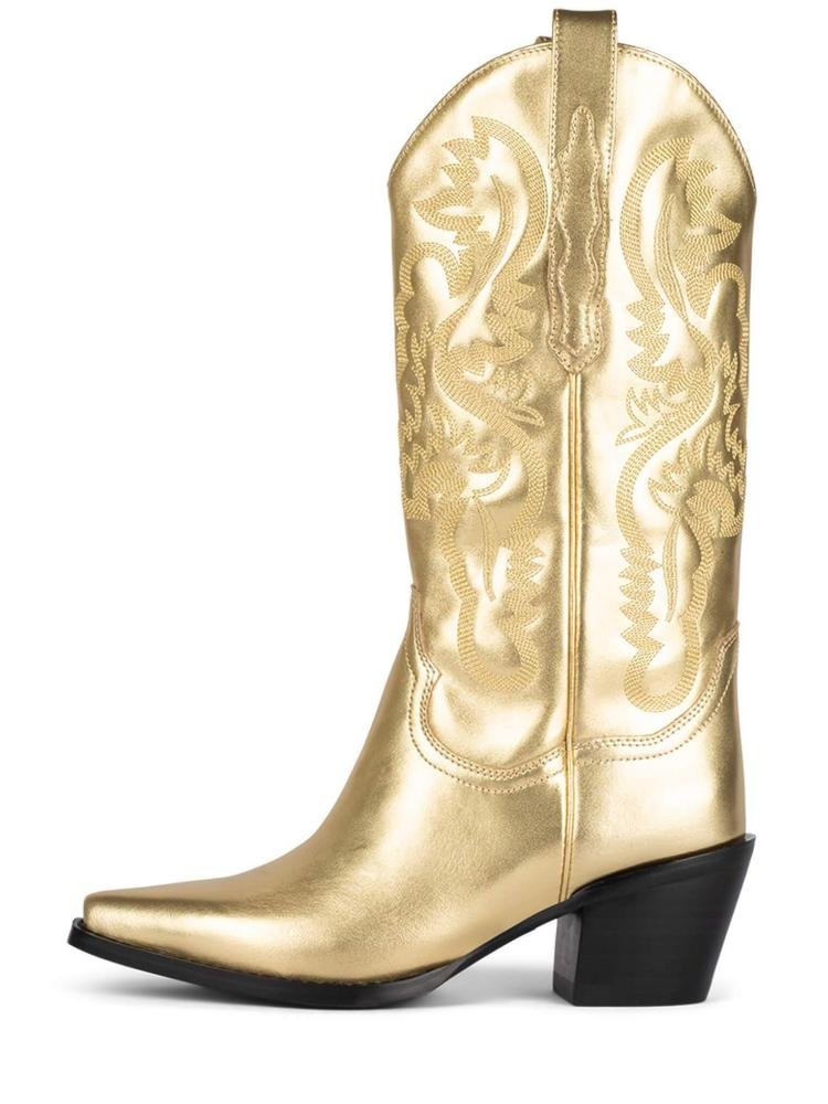 Womens Embroidered Mid Calf Cowboy Boots Metallic Slip-On Chunky Heel Western Boots