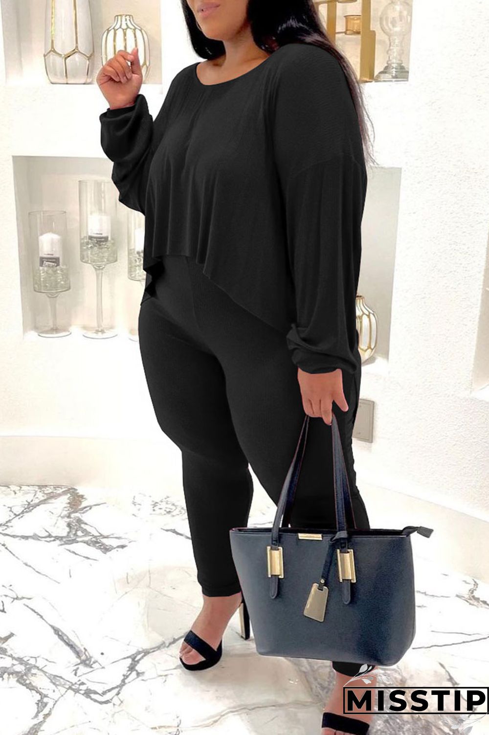 Burgundy Casual Solid Patchwork O Neck Plus Size Two Pieces