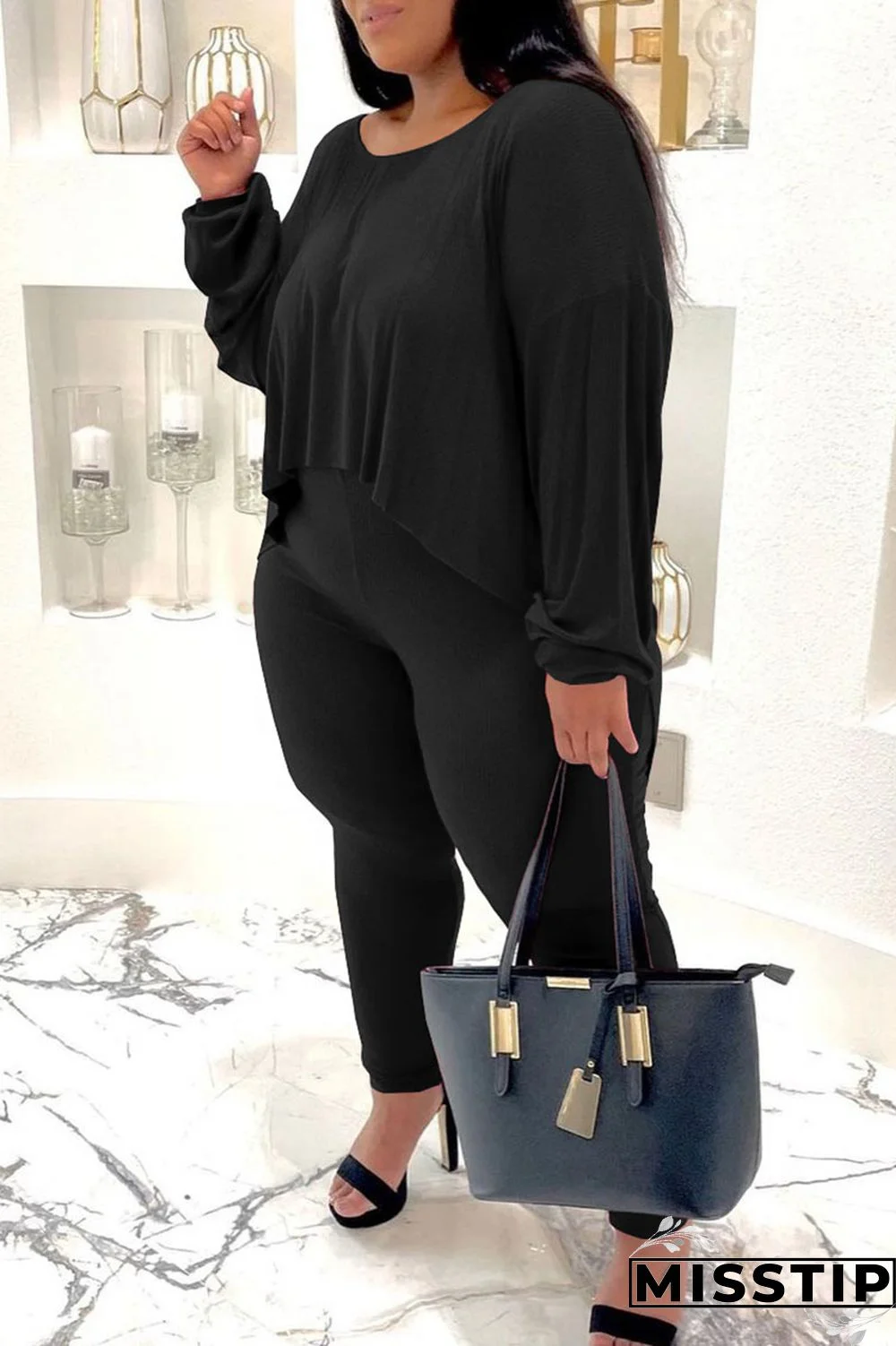 Burgundy Casual Solid Patchwork O Neck Plus Size Two Pieces