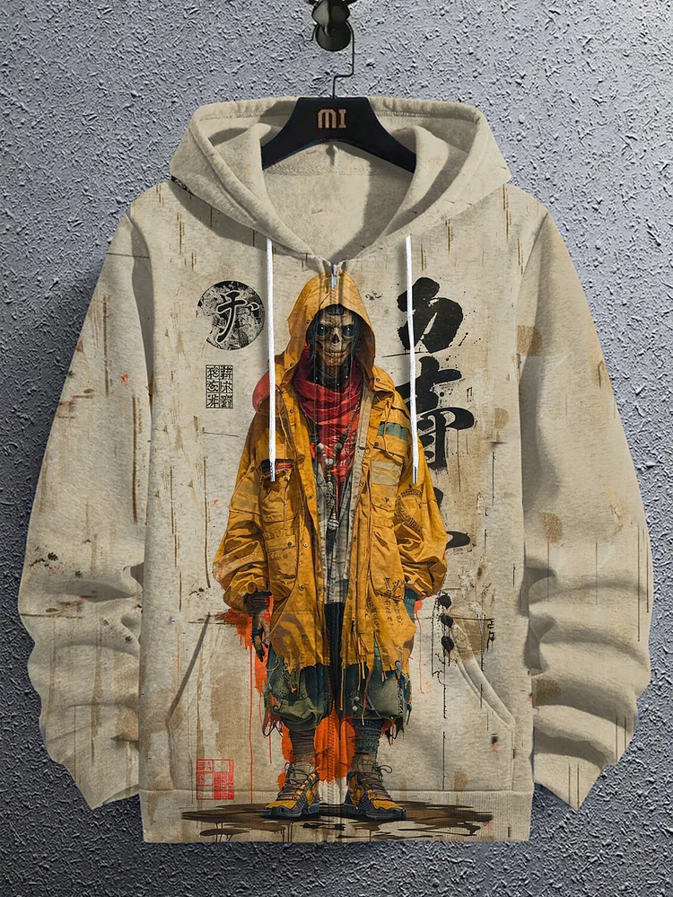 Men's Skeleton In Hooded Trench Coat Japanese Print Hooded Zip Up Jacket