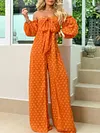 Polka-Dot Puff Sleeves Off-The-Shoulder Jumpsuits