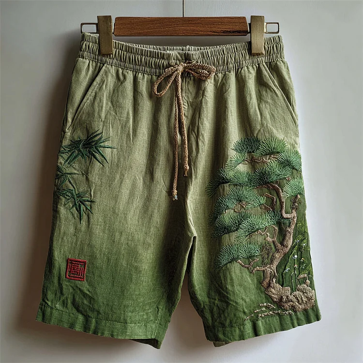 Japanese Bamboo & Pine Tree Embroidered Gradient Linen Shorts