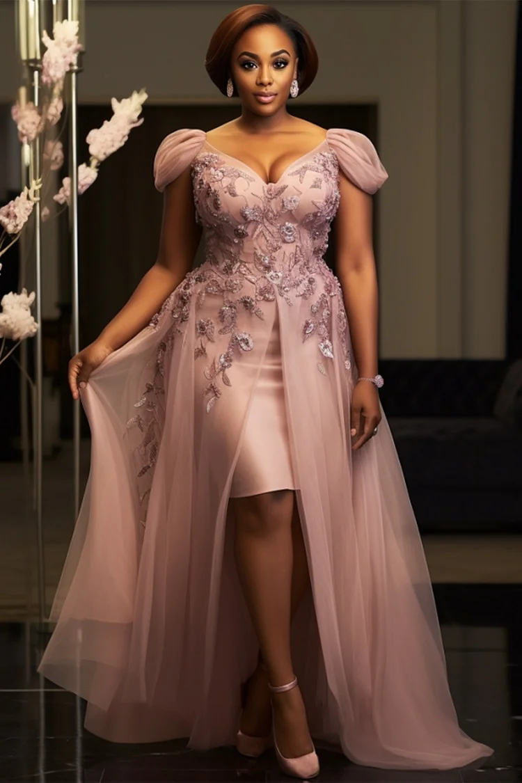 Xpluswear Design Plus Size Formal Rose Gold V Neck Short Sleeve Split Embroidery Maxi Dresses [Pre-Order] 2024 - Xpluswear
