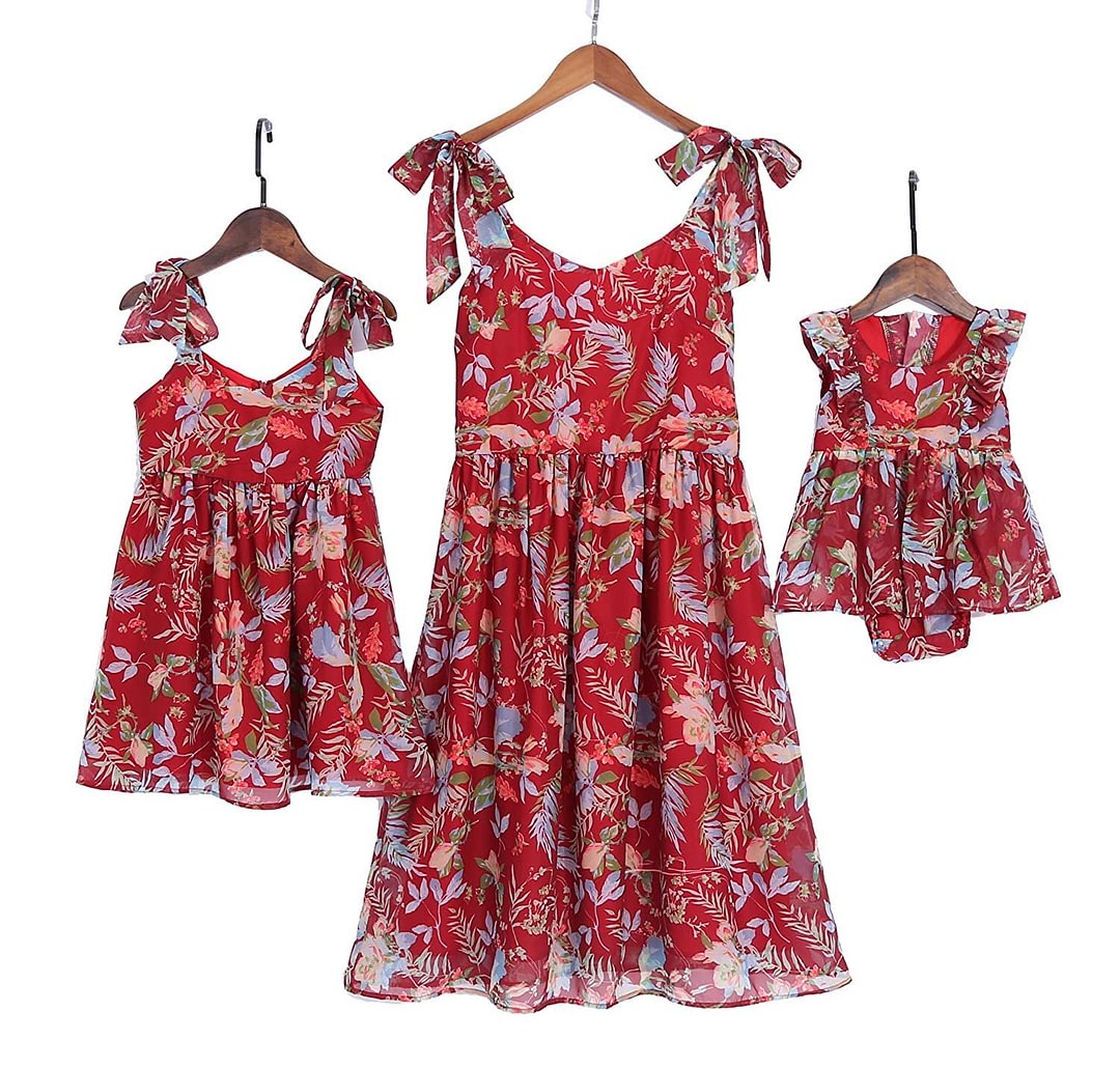 Mommy and Me Floral Printed Dresses Shoulder Straps Bowknot Chiffon Sleeveless Beach Mini Sundress