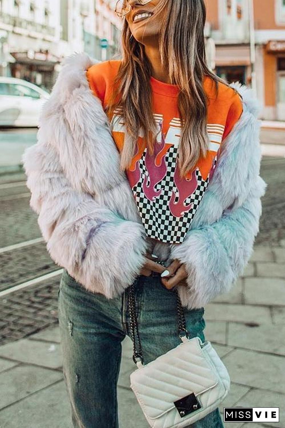 Layer O Neck Faux Fur Coat
