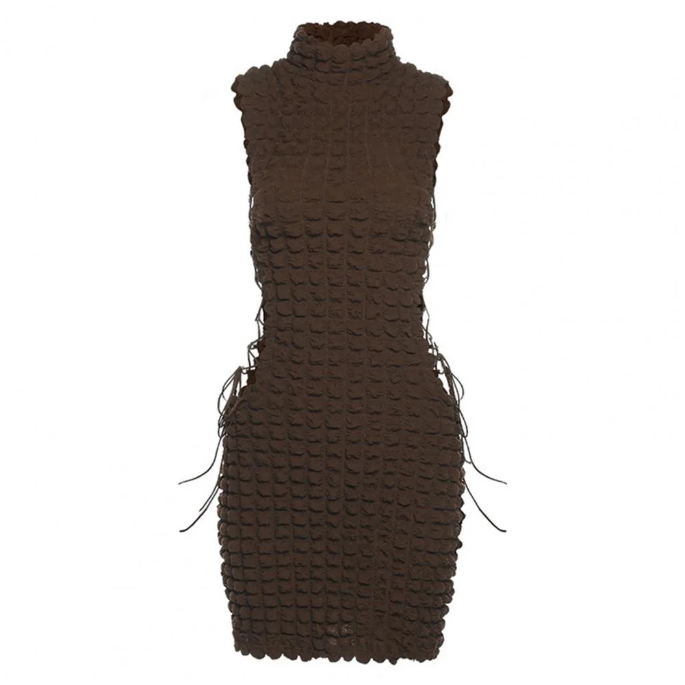 Club Party Backless Tank Dresses  Turtleneck Sleeveless Hip Wrap Bodycon Dress Side Hollow Bandage Plaid Skinny Mini Dress