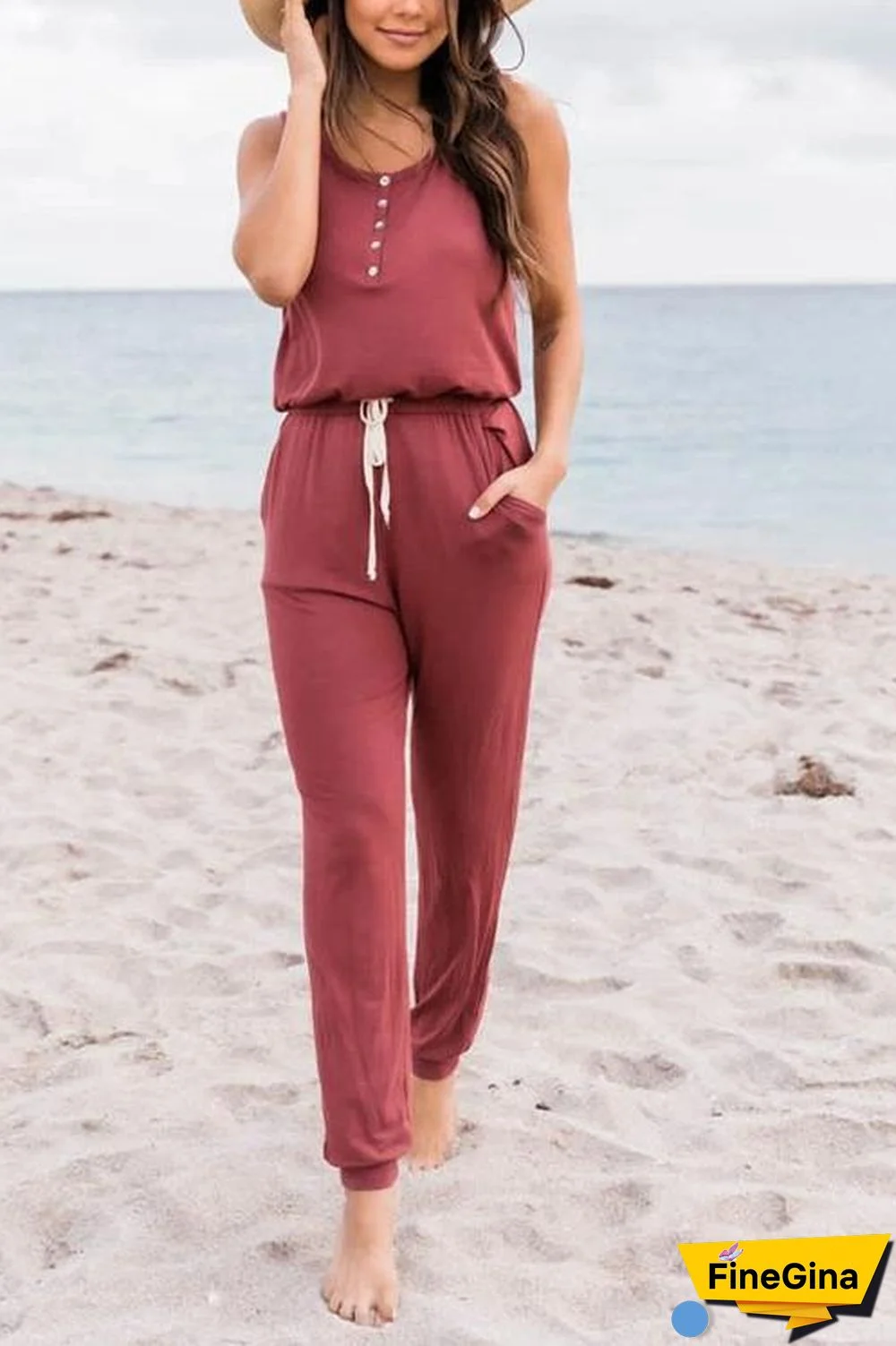 Button Sleeveless Drawstring Jumpsuits